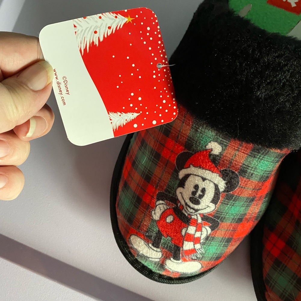NWT Disney Mickey Mouse Christmas Slippers Plaid Fur Trim House Shoes Medium 7-9 - Picture 3 of 7